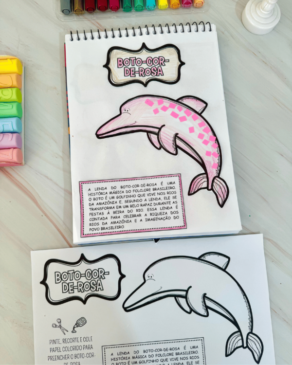 Atividade de arte folclore personagem boto cor de rosa