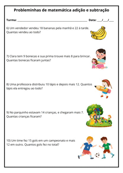 Atividades matemática com problemas de adição e subtração coloridas