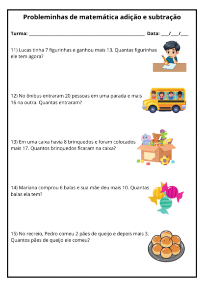 Atividades matemática com problemas de adição e subtração com imagens