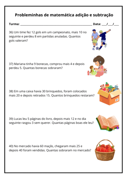 Atividades matemática com problemas de adição e subtração divertidos