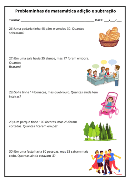 Atividades matemática com problemas de adição e subtração imprimir