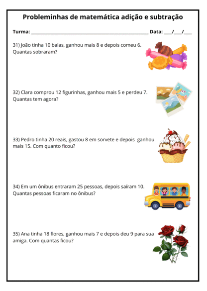 Atividades matemática com problemas de adição e subtração lúdicas