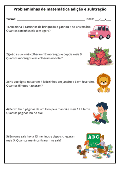 Atividades matemática com problemas de adição e subtração pdf