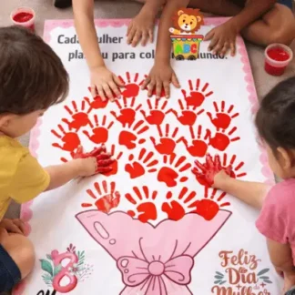 Cartaz coletivo dia da mulher buquê de flores + atividade de colorir – educação infantil