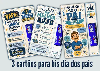 Kit Cartões para o Dia dos Pais com Chocolate BIS – 3 Modelos para Imprimir – alfabetização