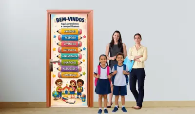 Painel de Porta Bem-vindos – Aqui Aprendemos e Compartilhamos – para imprimir