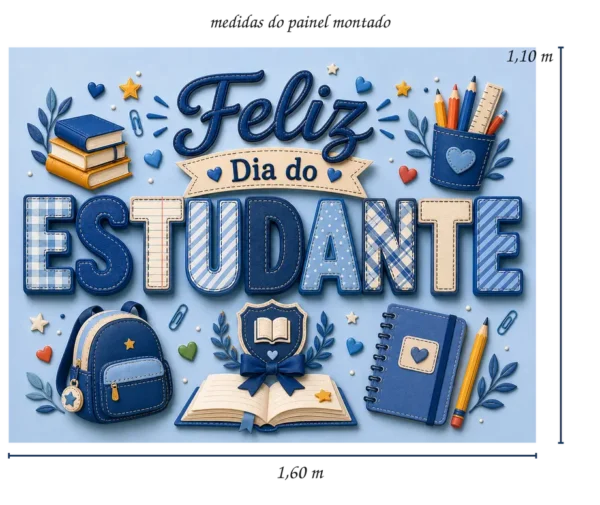 Painel dia do estudante: Tom azul, livros e material escolar