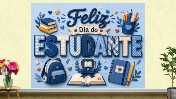 Painel dia do estudante: Tom azul, livros e material escolar