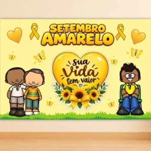 Painel com girassóis e coração setembro amarelo – alfabetização