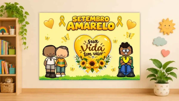 Painel com girassóis e coração setembro amarelo – alfabetização