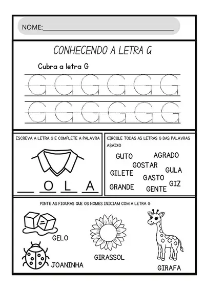 Atividades letra G para imprimir – recurso pronto