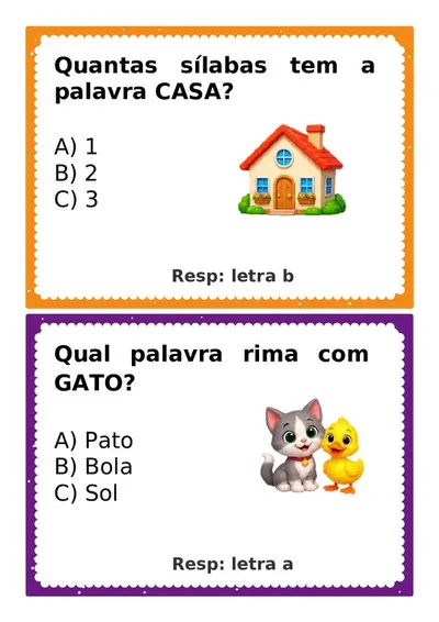 Perguntas com respostas para gincana - 1º ano – alfabetização