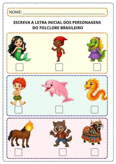 Atividade letra inicial com personagens do folclore - grátis – alfabetização