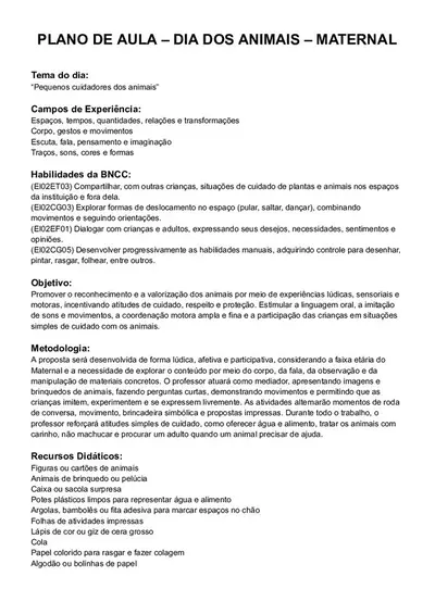 Plano de Aula Dia dos Animais para Maternal – recurso pronto