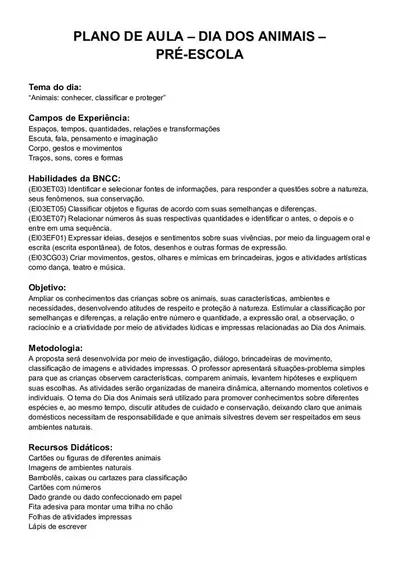 Plano de Aula Dia dos Animais para Pré-Escola – educação infantil