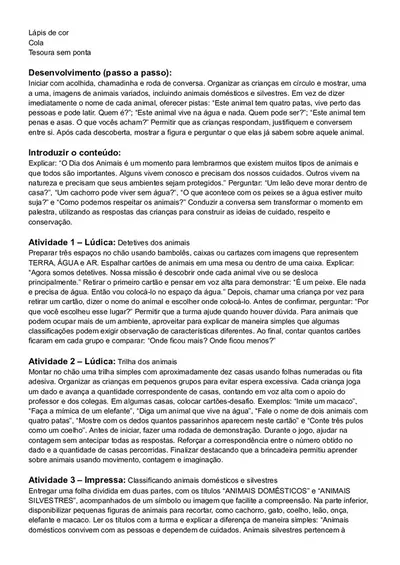 Plano de Aula Dia dos Animais para Pré-Escola – ensino fundamental